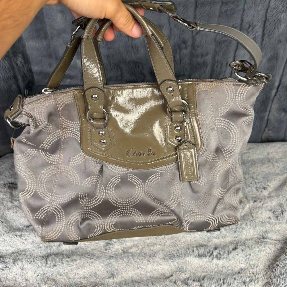Coach Ashley Dotted Op Art Grey Olive Sateen Satchel Bag F20027